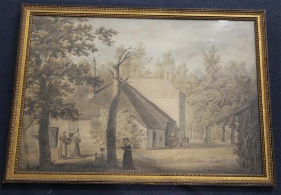 Robert Marris (1750-1827) Views of a Dutch house with figures in the garden 21 x 30in.